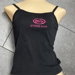 Sturgis 2005 Tipsy USA Women's Med Black Crop Tank Top Pink Biker Design Harley